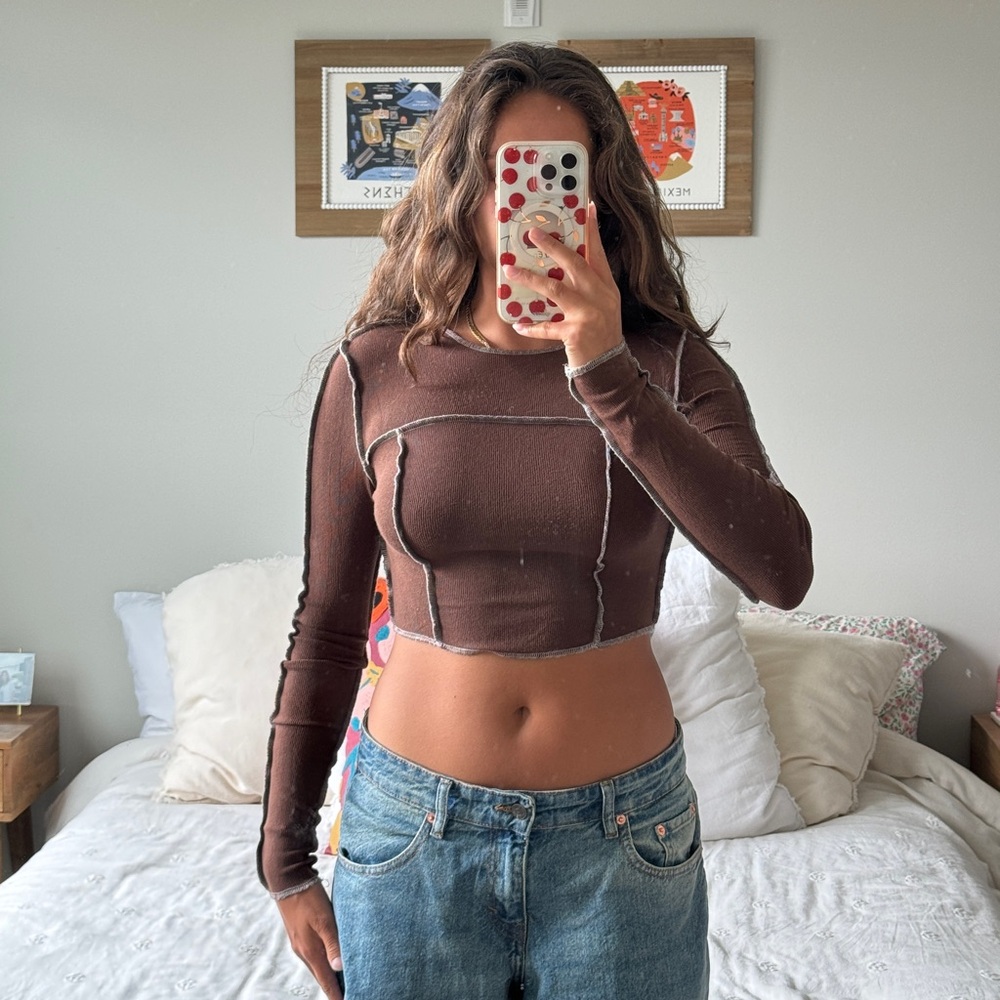 Beige Botany Brown Longsleeve Cropped Top